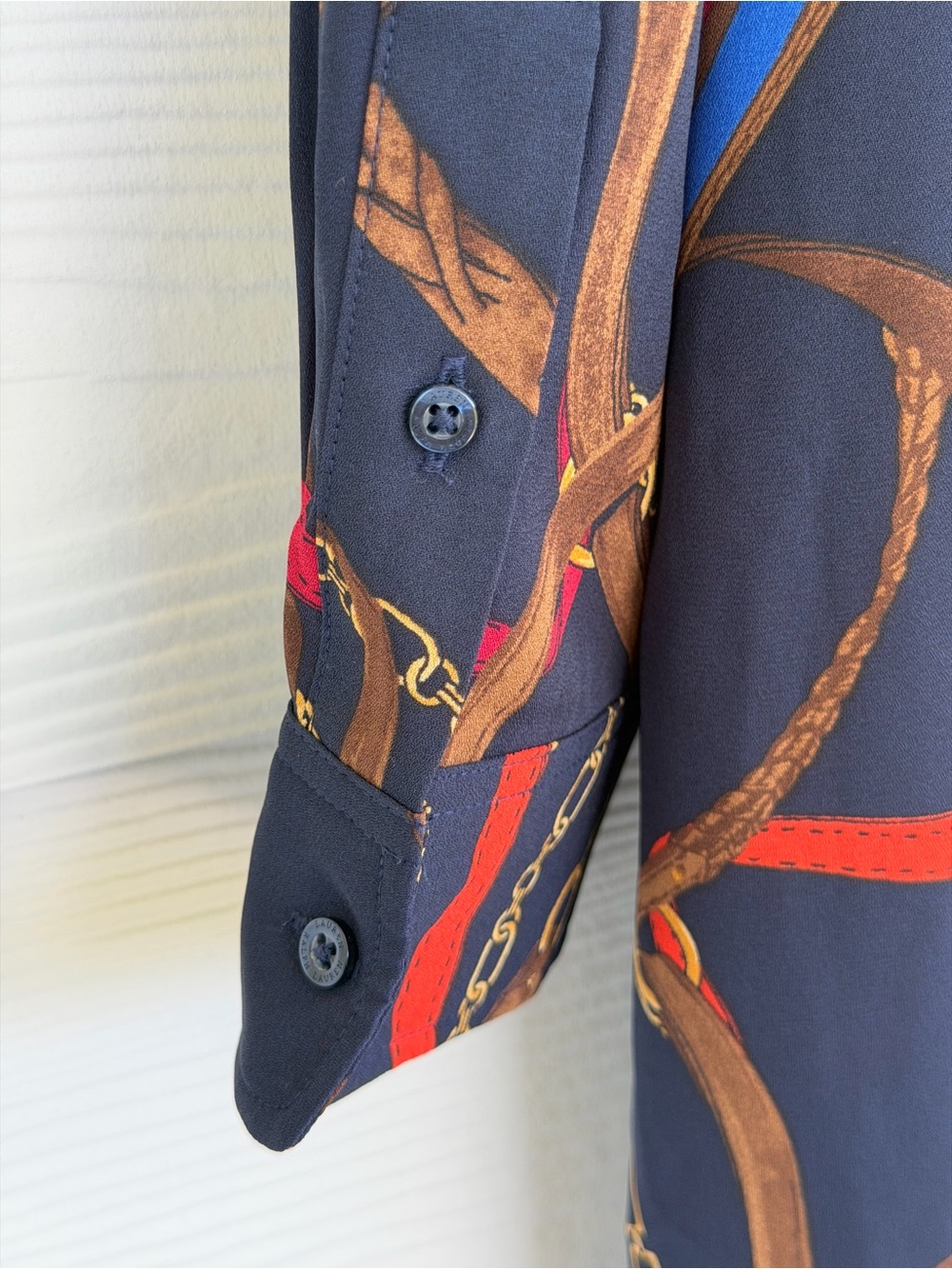 Ralph Lauren Georgette Equestrian Chain Print Tie Neck Midi Dress Navy 14 - Picture 11 of 11